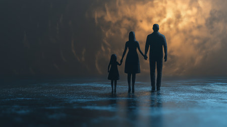 Silhouette of a family standing in front of a dark backgroundの素材