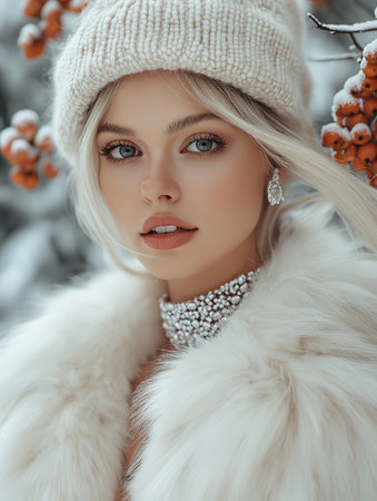Winter fashion. Portrait of a beautiful young woman in a white fur coat and a hat.の素材