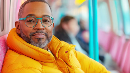 Portrait of a black man in a yellow jacket and glasses sitting in a busの素材