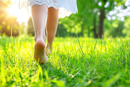Legs of young woman in white dress walking on green grass in parkの素材