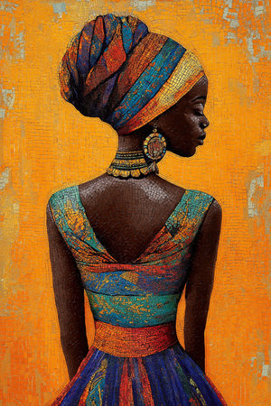 Portrait of a beautiful african woman in a colorful dress.の素材