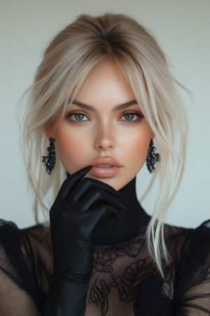 fashion interior photo of beautiful sensual woman with blond hair in elegant dress and glovesの素材