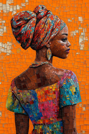 African woman with headscarf on the background of mosaic wall.の素材