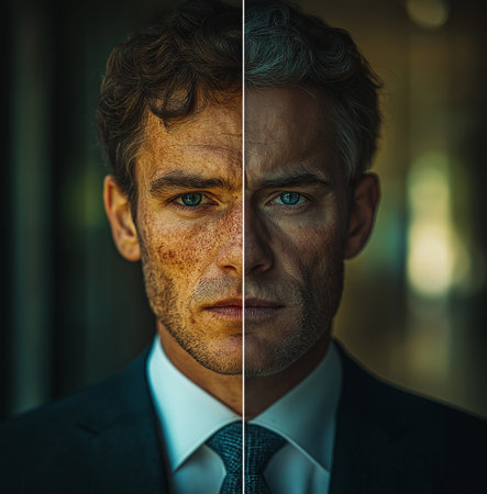 Before and after retouch. Portrait of a mature man with vitiligo.の素材