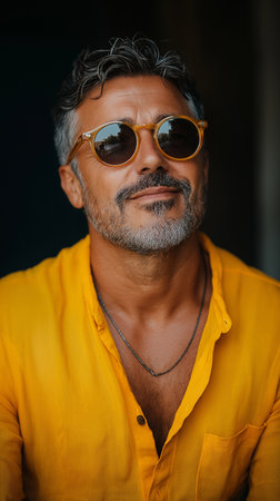 Portrait of a bearded Indian man wearing yellow shirt and sunglasses.の素材