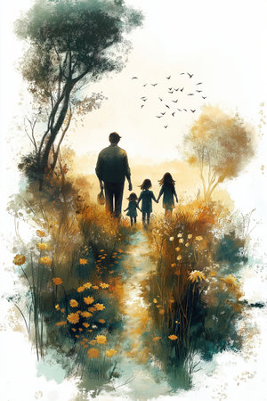 Family walking in the autumn park. Digital watercolor painting, illustrationの素材