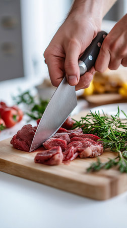 Man cutting meat with a knife on a wooden board in the kitchenの素材