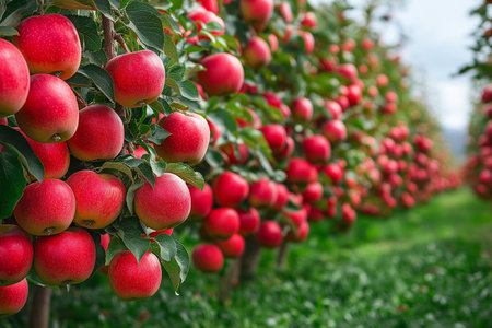 Rows of ripe red apples on apple tree branches in orchardの素材