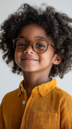 smiling african american girl in eyeglasses looking at camera isolated on greyの素材