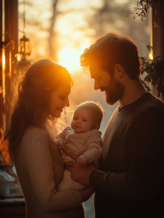 Happy young family with newborn baby at home in the rays of the setting sunの素材