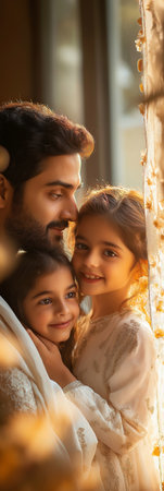 Portrait of beautiful young couple and their cute little daughter at homeの素材