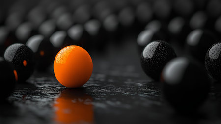 3d render of an orange among black spheres on a dark backgroundの素材
