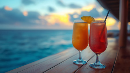 Two glasses of cocktails on a wooden deck by the sea at sunsetの素材