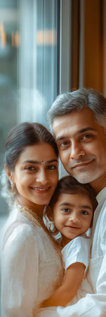 portrait of happy family looking at camera while sitting near window at homeの素材