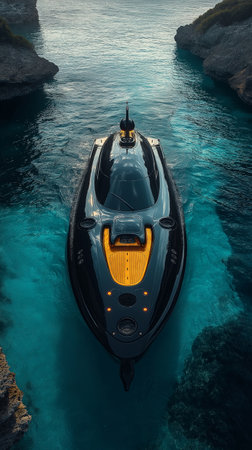 Aerial view of a speedboat in the sea. Top view.の素材