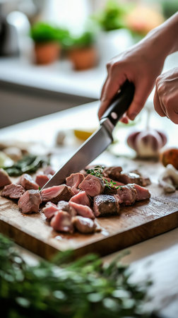 woman's hands cutting meat on a wooden cutting board with a knifeの素材