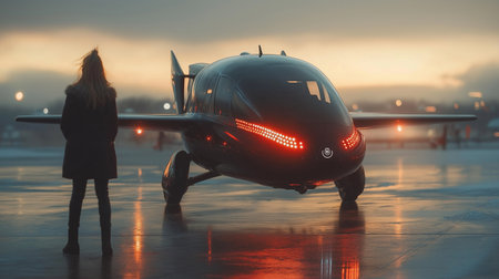 Airplane at the airport in the evening. Blurred background.の素材