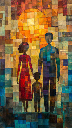 Family in the sun. Colorful abstract painting. Double exposure.の素材