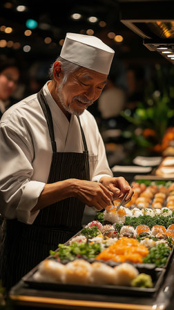 Japanese chef preparing sushi in a restaurant kitchen. Japanese chef cooking sushi in a restaurant kitchen.の素材