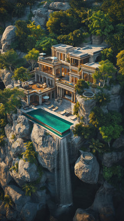 Aerial view of a hotel in the middle of the forest.の素材