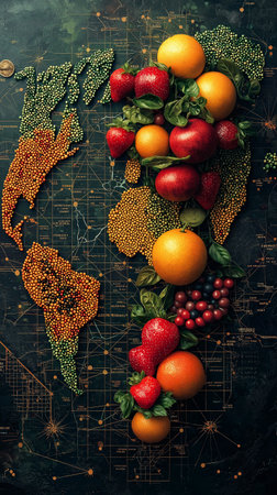 Map of the world with fruits on a dark background. Toned.の素材