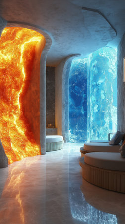 Interior of a hotel room with fire. 3D rendering.の素材