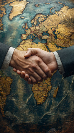 Close-up of two businessmen shaking hands on a world map backgroundの素材
