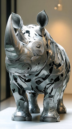 Statue of a rhinoceros made of silver metal.の素材