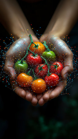 Hands holding fresh cherry tomatoes with drops of water on the backgroundの素材