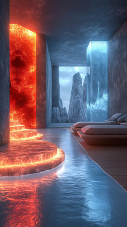 Futuristic interior with a portal to the future. 3D renderingの素材