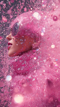 Fashion portrait of a beautiful woman with pink hair and professional makeupの素材