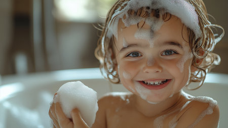 portrait of happy little boy taking a bath with foam and soapの素材
