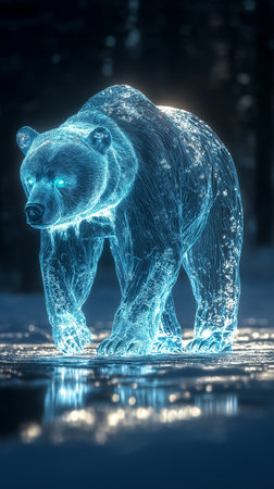 3D rendering of a polar bear in the winter forest with ice cubesの素材