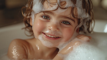 Closeup portrait of smiling little girl in bathtub with foam.の素材