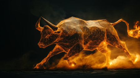 3d rendering of a polygonal bull on a dark backgroundの素材