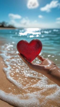 Woman's hand holding red heart on the seashore background.の素材