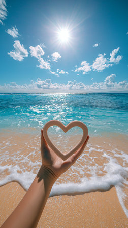 Female hand holding a heart shape on a tropical beach with blue skyの素材