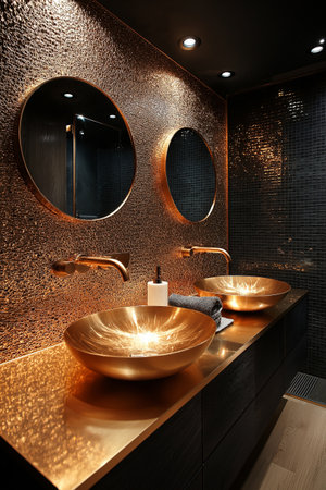 Interior of modern bathroom with golden sink and mirror, nobody insideの素材