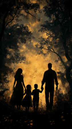Silhouette of a family with children in the forest at sunsetの素材