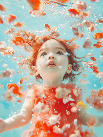 Funny red-haired girl in a red dress swims in the pool with goldfish.の素材