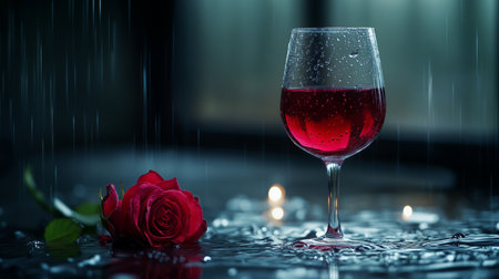 Wine glass and red rose on a dark background with water dropsの素材