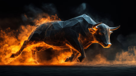 3d rendering of a low poly bull running in the fire with black backgroundの素材