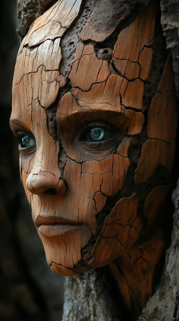 Wooden sculpture of a woman's face on a tree trunk.の素材