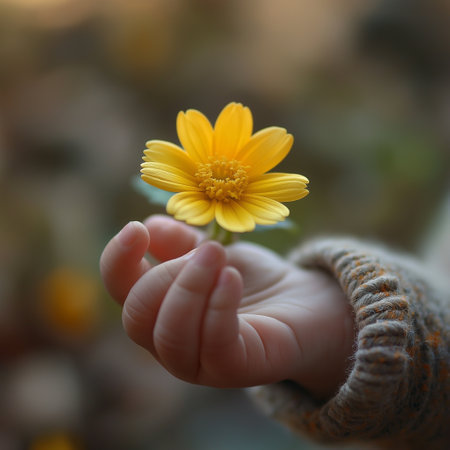 Child's hand holding yellow flower on blurred background with bokehの素材