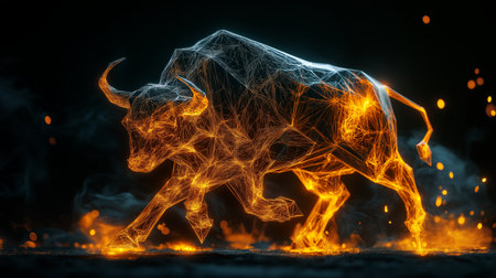 Angry bull on a dark background. 3D rendering. Fire effect.の素材