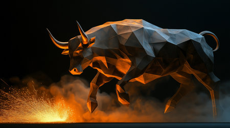 3d rendering of a low poly bull with sparks coming out of the fireの素材