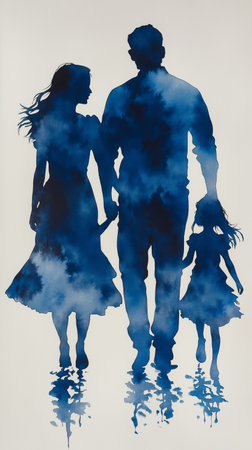Silhouette of a happy family on a white background with watercolor effectの素材