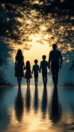 Silhouette of a happy family walking in the park at sunsetの素材