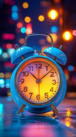 Retro alarm clock on bokeh background. Time concept.の素材