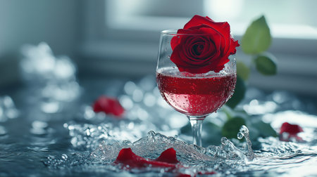Red rose in a glass with water and rose petals on the backgroundの素材